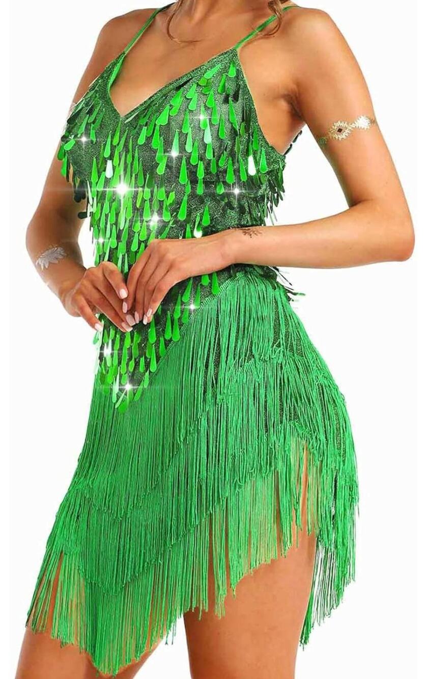 Jerry Beck for Charades Green Sequin Fringe Dance Costume Dress Small Halloween
